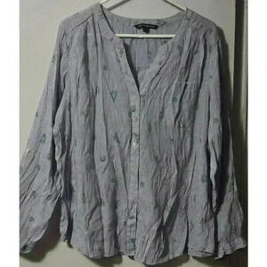 Women's Zac &‎ Rachel Blouse, 1X, Blue & White Striped Cactus Print